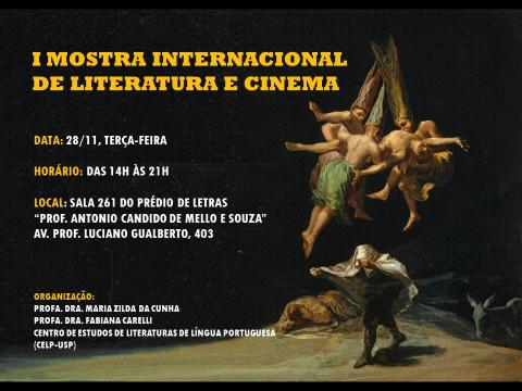 Banner de divulgação da 1ª Mostra Internacional de Literatura e Cinema. Banner preto, com ilustações.