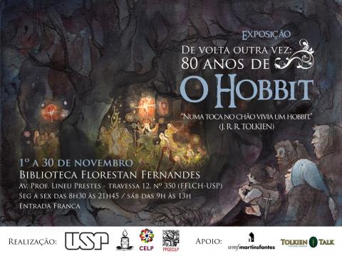 Banner de divulgação da exposição, com informações presentes na descrição e ilustrações de O Hobbit.
