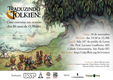 Cartaz de divulgação do evento, com informações presentes na descrição, e ilustrações que remetem à obra O Hobbit