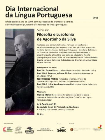 convite para o seminário em comemoração ao Dia Internacional da Língua Portuguesa. Banner amarelo com informações em preto e uma foto de Agostinho da Silva em preto e branco.