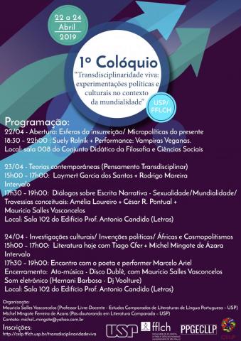 Cartaz de divulgação do evento com a programação do 1º colóquio Trandisciplinaridade viva: experimentações políticas e culturais no contexto da mundialidade"