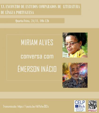 primeiro evento com Miriam Alves, banner de divulgação