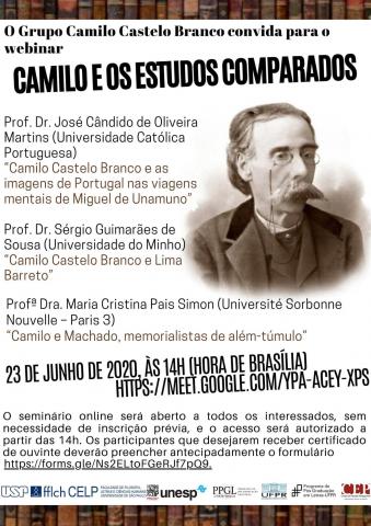 Banner de divulgação do evento, com fundo branco e informações, presentes na descrição, escritas em preto, e uma fotografia em preto e branco do autor Camilo Castelo Branco.