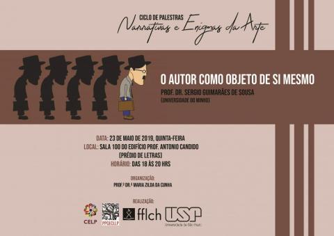 Cartaz de divulgação do evento, com um desenho que se repete, ao centro, e que remete a Fernando Pessoa