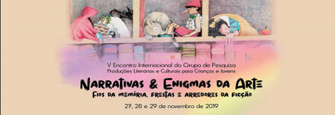 Banner de divulgação do evento com imagem de ilustrações de personagens de histórias infantis - Chapeuzinho Vermelho, Pinóquio e Branca de Neves.