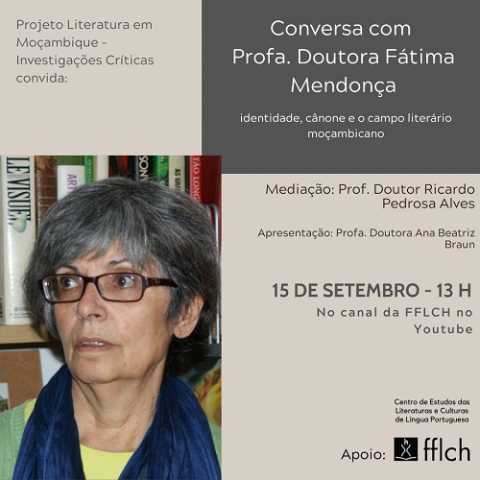 Banner com as informações do projeto, que estão na descrição, e uma foto da professora Fátima Mendonça, com uma estante de livros atrás.