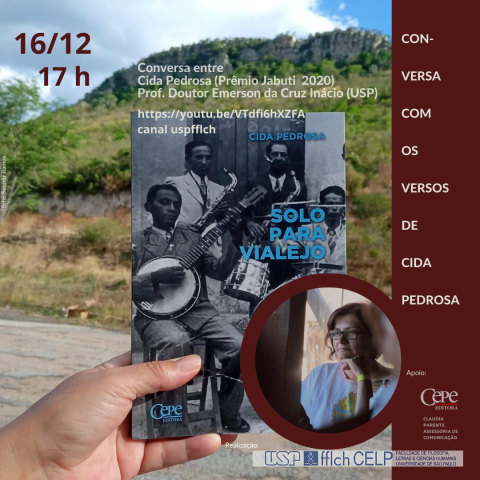 Banner de divulgação do evento com informações presentes na descrição, uma foto de Cida Pedrosa e da capa de seu livro Solo para vilarejo