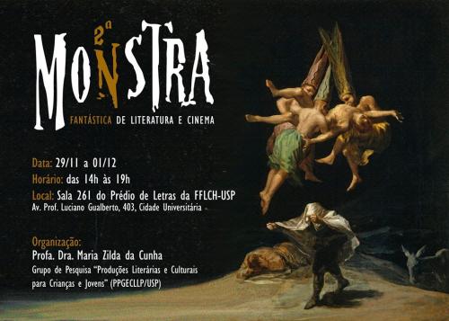 Banner de divulgação da 2ª monstra fantástica de literatura e cinema. Preto, com ilustrações ao lado das informações.