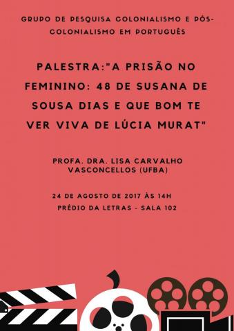 Cartaz de divulgação do evento, rosa, com informações presentes na descrição escritas em preto e com símbolos como a claquete, que remetem ao cinema, abaixo