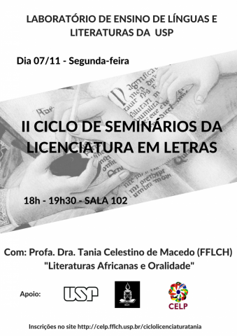 Cartaz do evento, com fundo branco, e imagem de fundo em preto e branco em que uma pessoa escreve com um objeto parecido com uma caneta de tinteiro. As informações estão presentes na descrição da página.