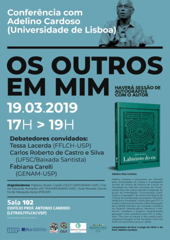 CARTAZ de divulgação do evento, com informações presentes na descrição, uma fotografia de Adelino Cardoso e de seu livro Labirinto do Eu. O cartaz é azul e as informações estão em preto e branco.