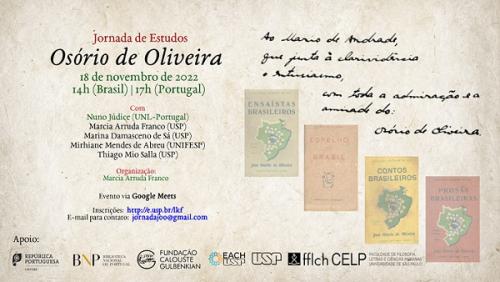 Banner de divulgação do evento com as capas de quatro obras de Osório de Oliveira: "Ensaísta brasileiro", "Espelho do Brasil", "Contos brasileiros" e "Prosas brasileiras". As informações presentes no banner estão na descrição.