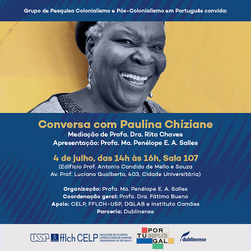 Banner com informações do evento, que estão na descrição, e uma foto em preto e branco da autora Paulina Chiziane