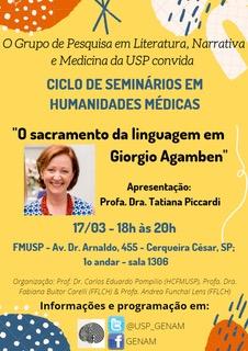 Banner de divulgação do evento, com informações presentes na descrição, fundo amarelo e uma foto da Profa. Dra. Tatiana Piccardi. A professor é branca, tem cabelos médios loiros e sorri para a foto.