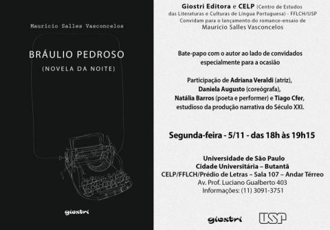 Convite Braulio Pedroso, banner de divulgação do evento, com a capa do livro Novela da noite ao lado esquerdo e as informações, escritas em preto, com fundo branco, ao lado direito.